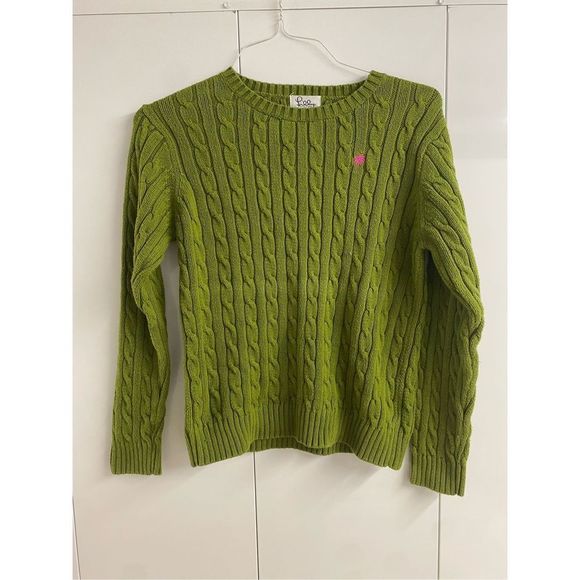 LILLY PULITZER Vintage Lime Green Cable Knit Palm Crewneck Sweater, Sz Small - Picture 1 of 8